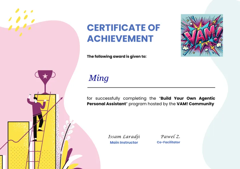 Certificate of Completion — Agentic Personal Assistants, VamAI 2026